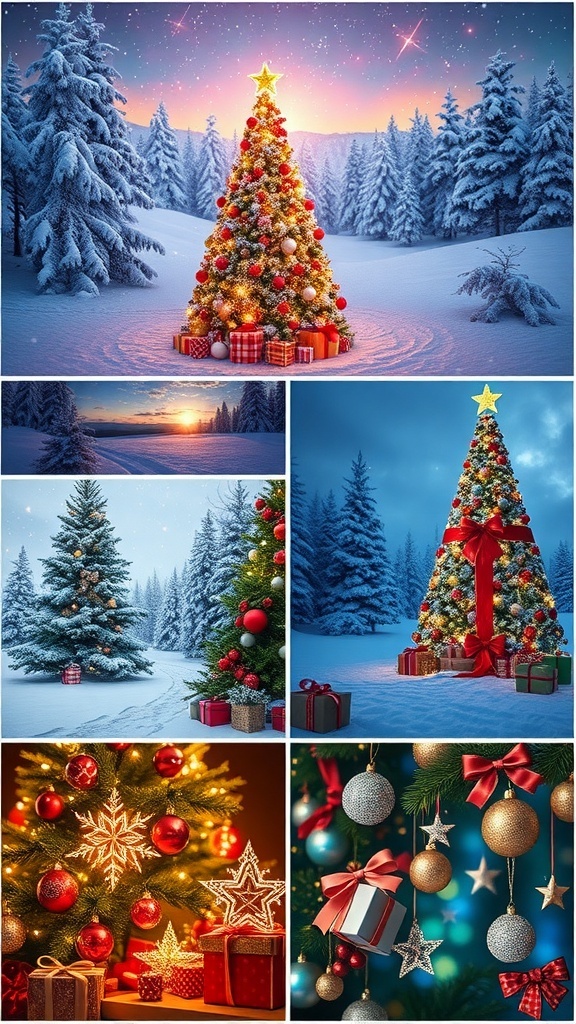 A selection of HD 1080p Christmas backgrounds featuring winter scenes, Christmas trees, and holiday decorations.